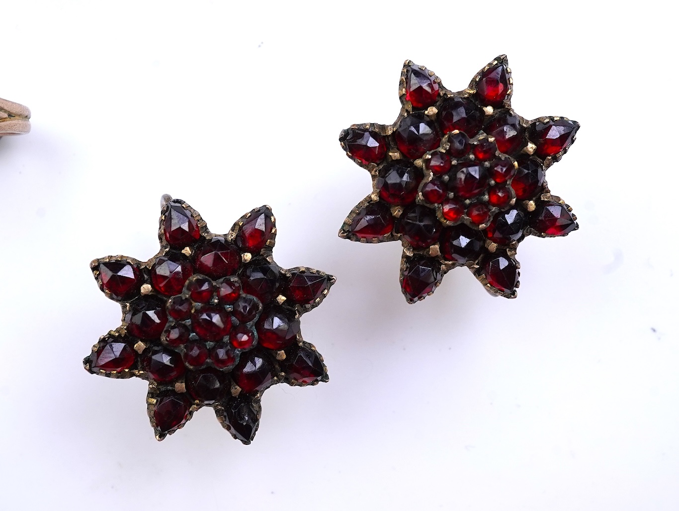 A suite of garnet and paste jewellery, comprising: a brooch, 5cm diameter; a bangle, inner circumference 16cm; two rings, sizes I and M; a pair of earrings, and a single earring, each set with rose-cut garnets; and a pai